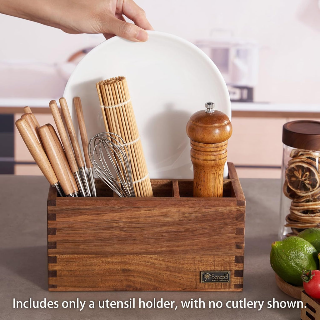 Acacia Wood Utensil Holder, Paper Plate Dispenser Organizer for Countertop - 4 Compartment Silverware Caddy for Friendsgiving Party - Cutlery Holder for Cup, Fork, Spoon, Kitchen, Camping