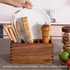 Acacia Wood Utensil Holder, Paper Plate Dispenser Organizer for Countertop - 4 Compartment Silverware Caddy for Friendsgiving Party - Cutlery Holder for Cup, Fork, Spoon, Kitchen, Camping