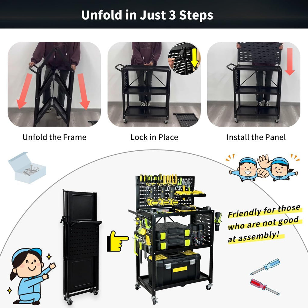 Lumizone Rolling Tool Cart with Wheels and Pegboard Hooks Folding Utility Service Cart for Garage Organizer Storage Foldable Power Tool Organization on Wheels Heavy Duty Frame (Tool Cart+Hooks)