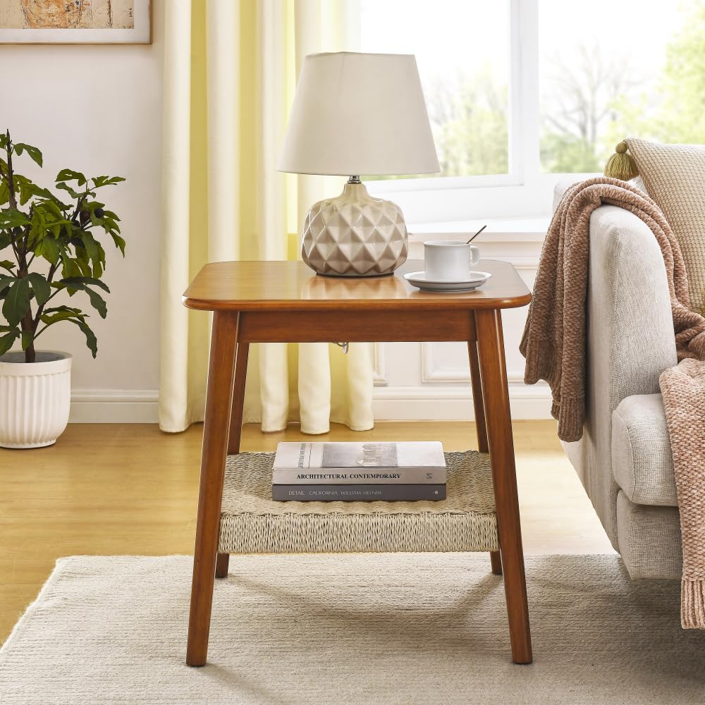 23" Mid-Century Side Table with Woven Shelf and Storage, for Living Room...