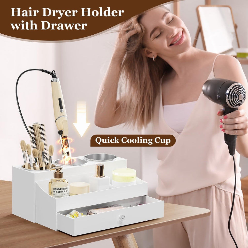 Acrylic Hair Dryer Holder with Drawer, Bathroom Organizer Countertop Drawers with 3 Stainless Cups, Makeup Vanity Accessories, Hair Hot Tools Organizer, Toiletry, White