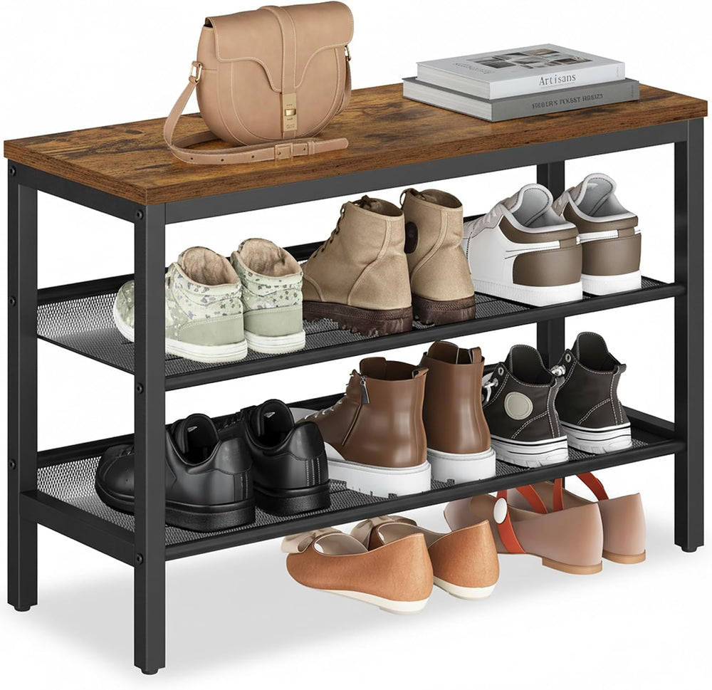 VASAGLE 3 Tier Shoe Rack Bench, One Piece Shelves, Industrial Style | Shoe St...