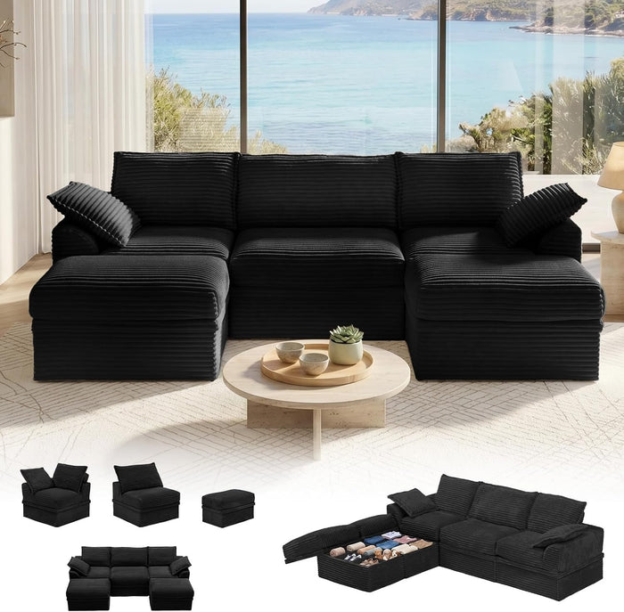 Modular Sectional Cloud Couch for Living Room, Corduroy 5-Seat U Shaped Upgraded Boneless Couch with 2 Ottomans, Throw Pillows, Memory Foam Sofa,Deep Seat,Compressed Box,No Assembly (107"-Black)