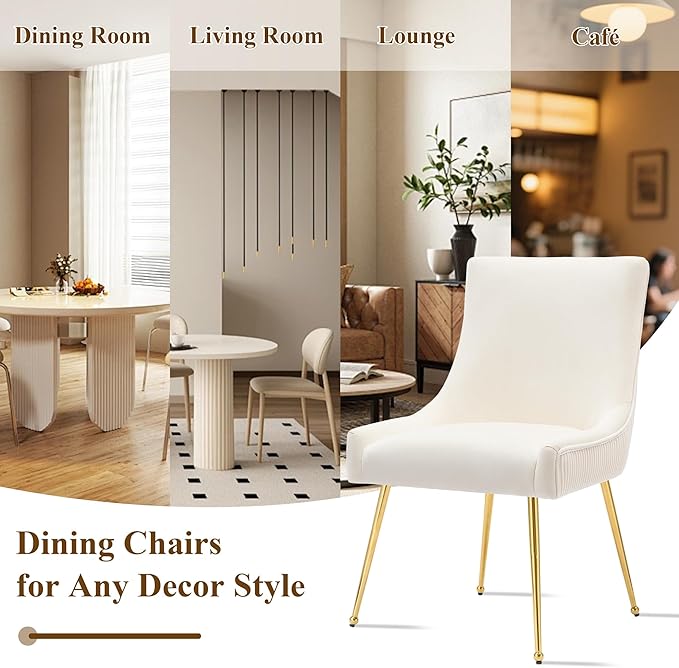 Velvet Dining Chairs Set of 4, Modern Upholstered Kitchen Chair with Pull Handle & Pleated Back, Mid Century Accent Chair with Gold Metal Legs for Vanity,Dining,Kitchen,Living Room, Beige
