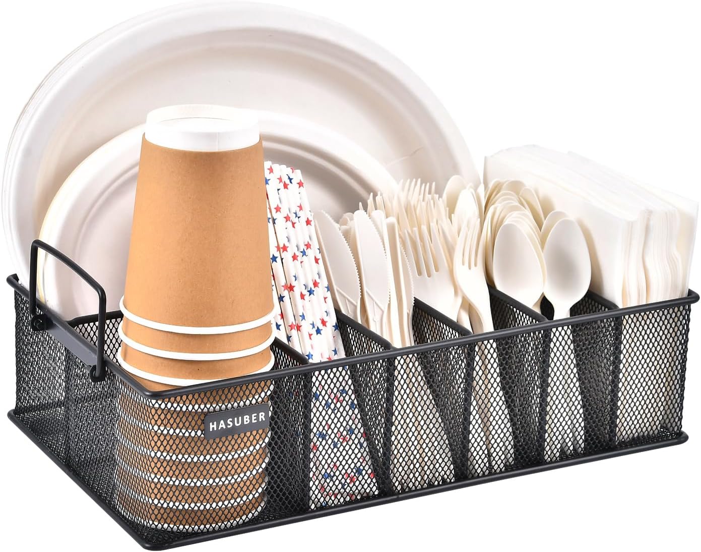 Silverware Organizer with Handle - Metal Utensil Caddy for Kitchen Counter, 7 Compartment for Plate, Cup, Napkin, Paper Plate Dispenser for Party, Picnic