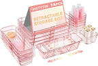 14 Pcs Adjustable Clear Drawer Organizer, Extendable Vanity Storage Bins, Desk Drawer Organizer Set for Makeup, Cosmetics, Bedroom, and Gadgets, Pink