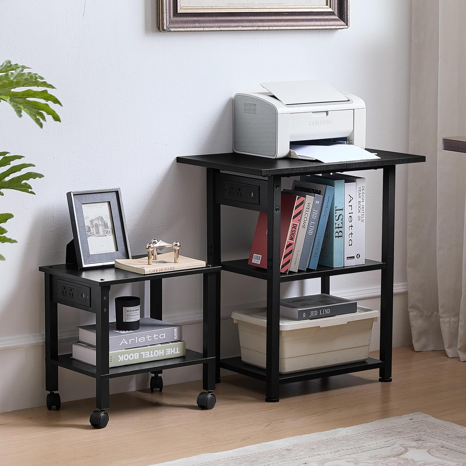 Lerliuo 3-Tier Printer Stand with Charging Station, Industrial Mobile Printer Table with Storage Shelf and Steel Frame, Rolling Printer Cart Holder with Lockable Wheels for Home, Office (Black)