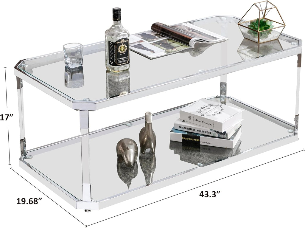 Glass Coffee Table, Clear Coffee Table with 2 Tiers, Acrylic Leg, Chrome Frame, Rectangular Center Table for Living Room (Chrome-New)