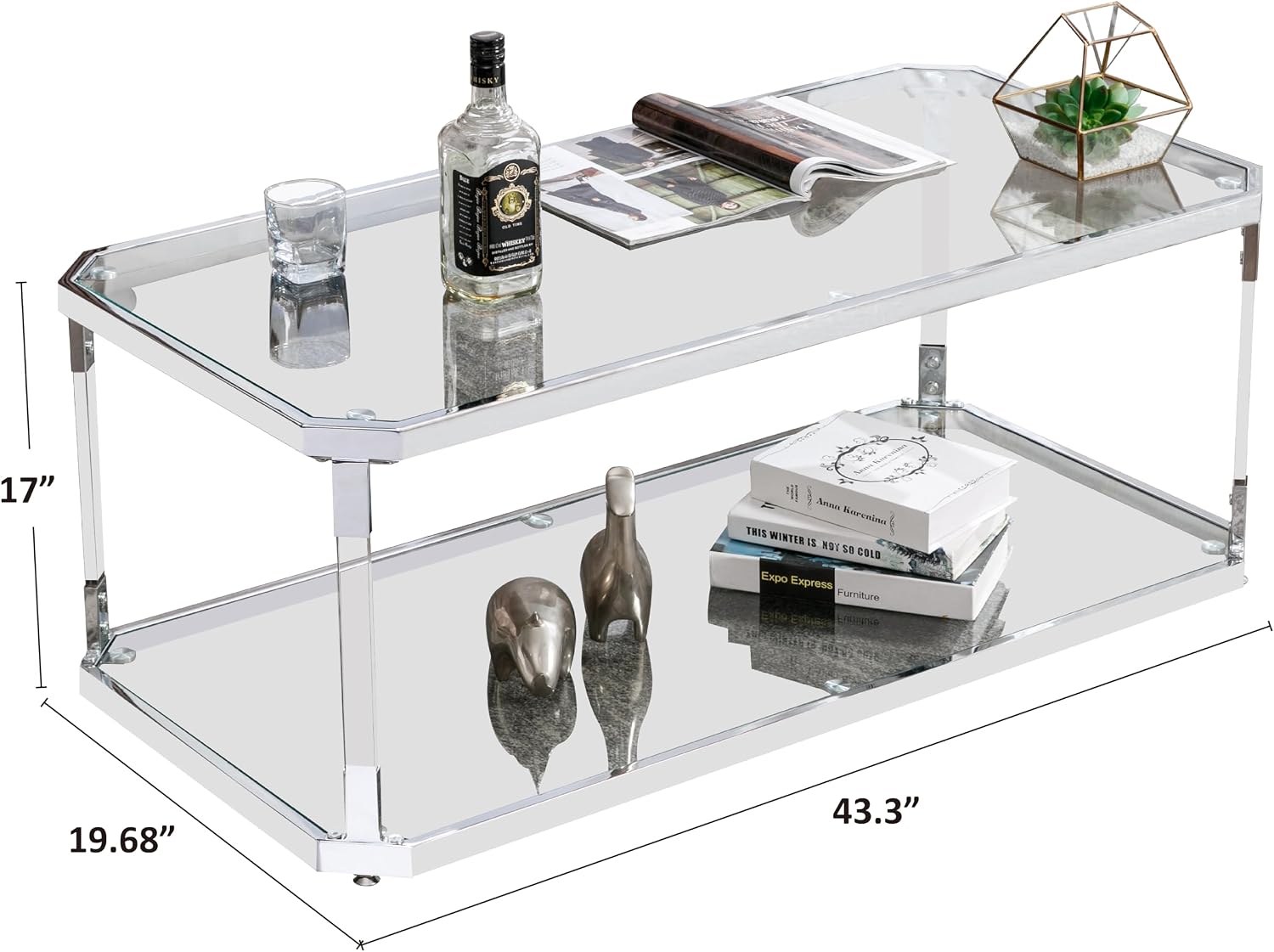 Glass Coffee Table, Clear Coffee Table with 2 Tiers, Acrylic Leg, Chrome Frame, Rectangular Center Table for Living Room (Chrome-New)