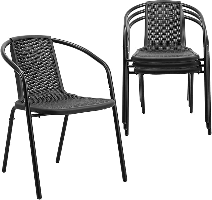 VINGLI PE Rattan Outdoor Dining Chairs Set of 4, Plastic Stackable Patio Chairs for Indoor, Porch, Restaurant, Garden, Black