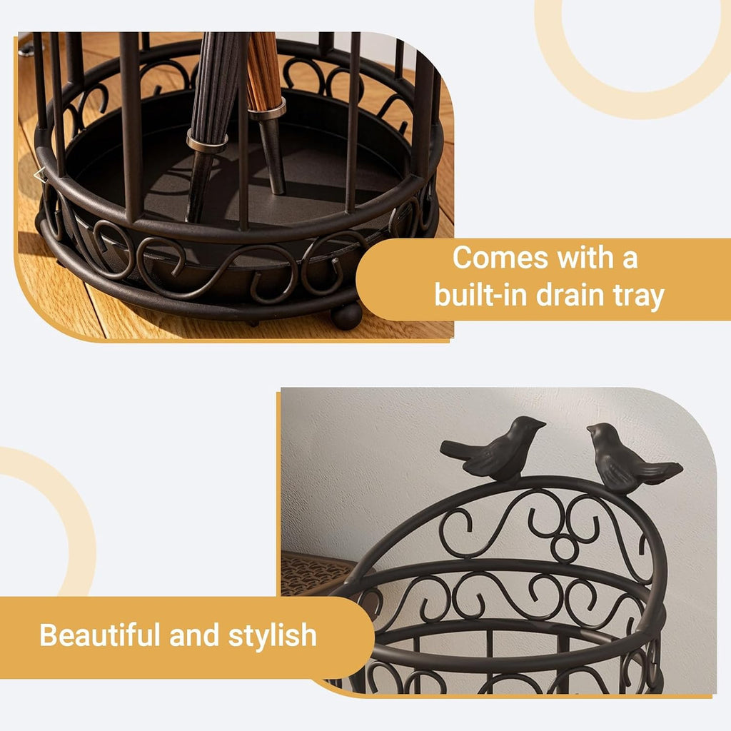Round Metal Umbrella Basket with Removable Drip Tray Large Capacity Commercial Vintage Umbrella Holder with Hollow Design for Entryway, Hallway(Black)