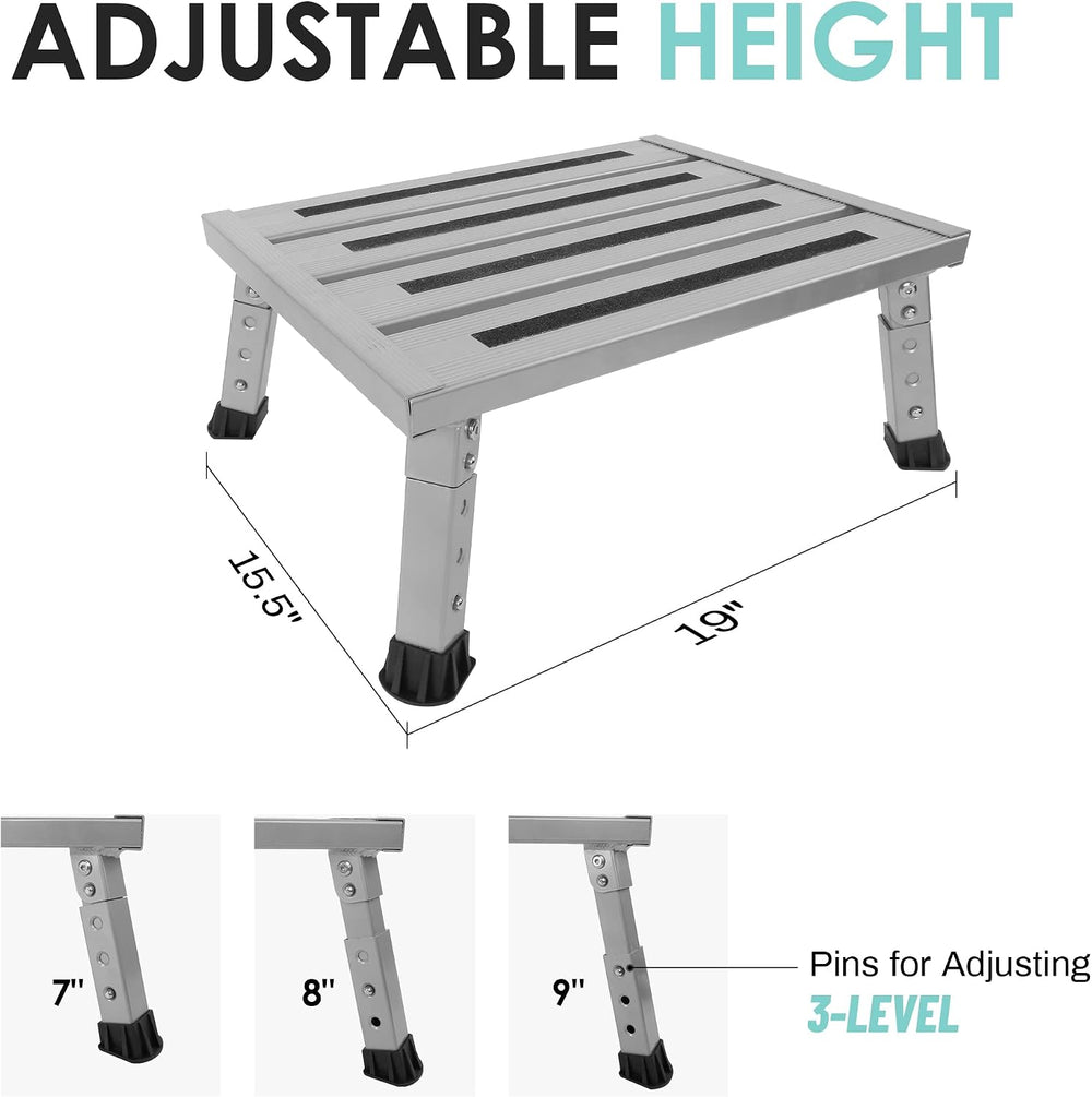 Adjustable RV Step Stool, Wide Platform, Foldable Legs, Silver