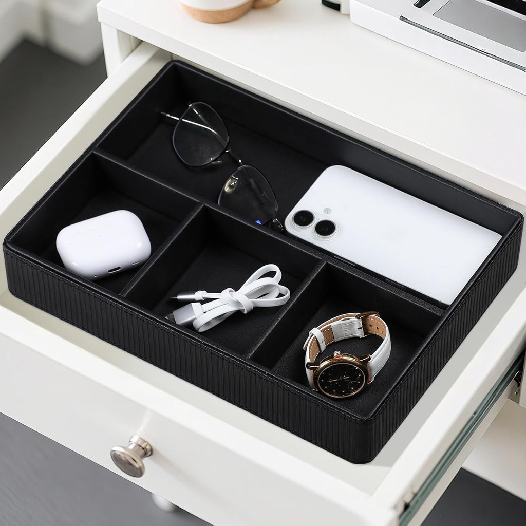 PU Leather Valet Tray, Decorative Trinket Vanity Desk Drawer Organizer Tray, Perfume Dish Catch All Bowl for Keys, Nightstand Drawer Organizer Women Men with 4 Compartments (Black)