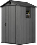 Greesum 4x4FT Plastic Outdoor Storage Shed with Floor, Resin Storaged Sheds with Lockable Door, All Weather Durable Tool Shed with Window and Vent, for Garden, Backyard, Patio, Dark Gray