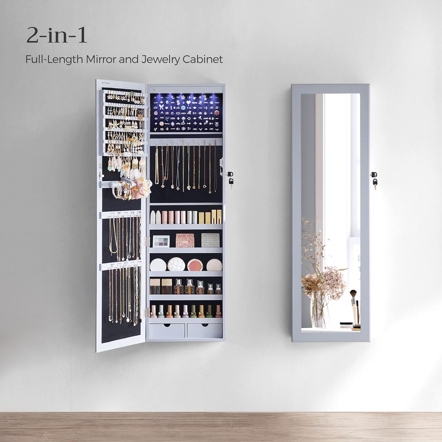 SONGMICS 6 LEDs Mirror Jewelry Cabinet, 47.2-Inch Tall Lockable Wall or Door Mounted Jewelry Armoire Organizer with Mirror, 2 Drawers, Christmas Gift, 3.9 x 14.6 x 47.2 Inches, Gray