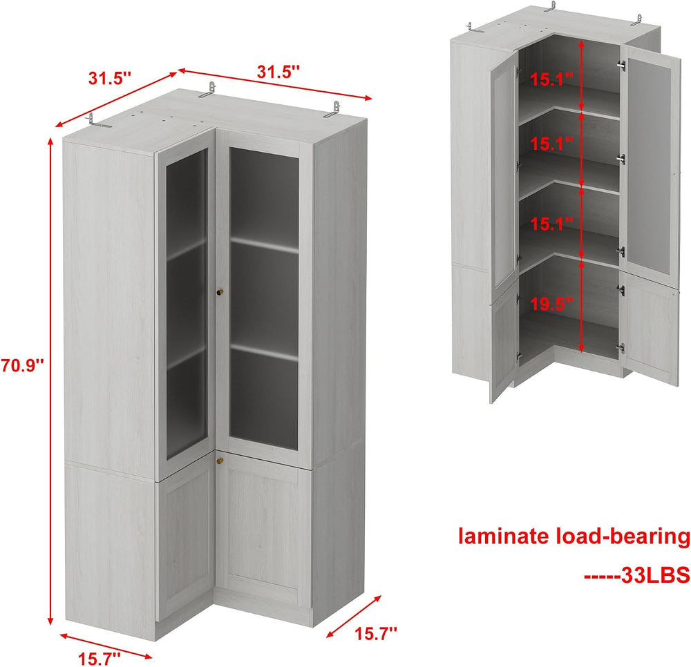 70.9" H L-Shaped Kitchen Pantry with Glass Doors, Modern Corner 4-Tiered...