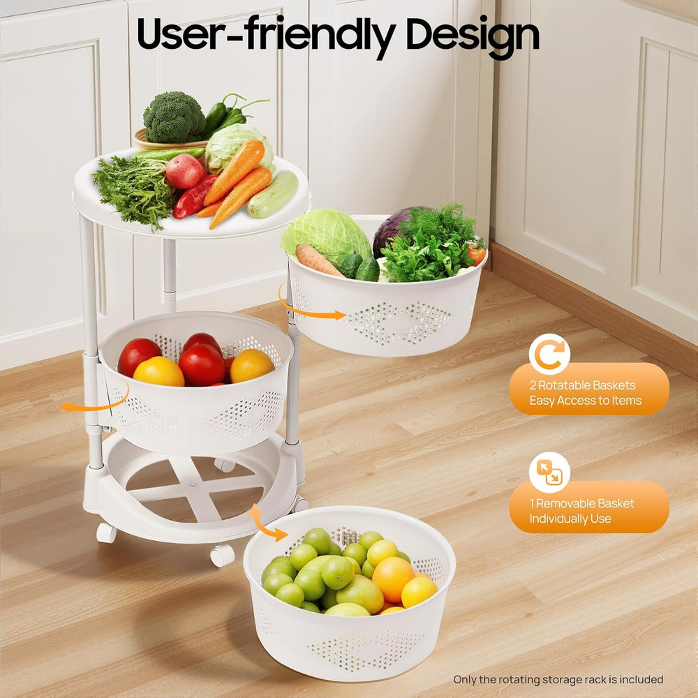 3-Tier Rotating Storage Rack with Wheels, Storage Tower with Baskets, 360° La...