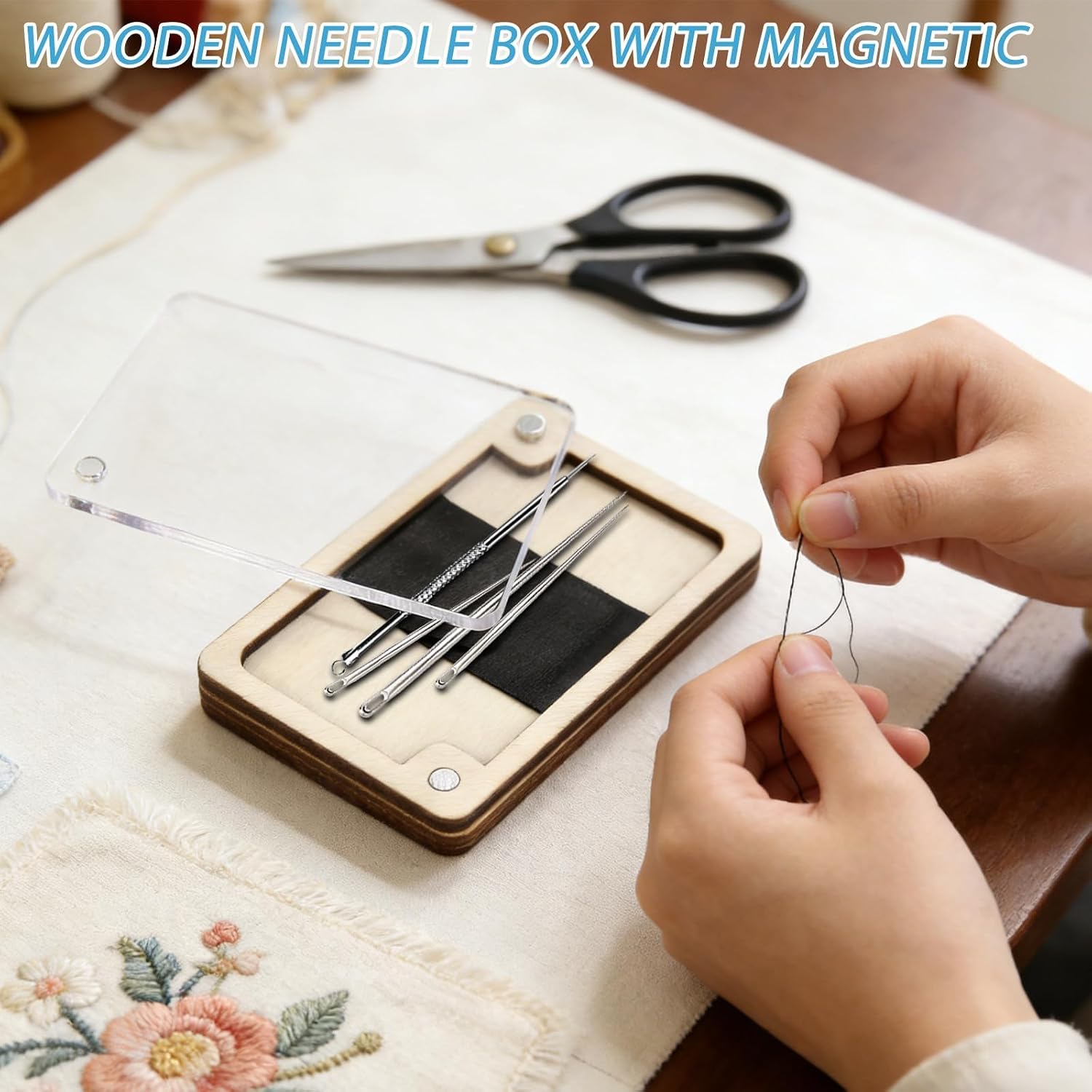 HINGTAI Wooden Magnetic Needle Holder Case with Clear Lid, Sewing Needle Organizer Box with Snap Closure, Strong Built-in Magnet Secures Pins Under 6.5cm, Craft Supplies Storage Gift for Sewers
