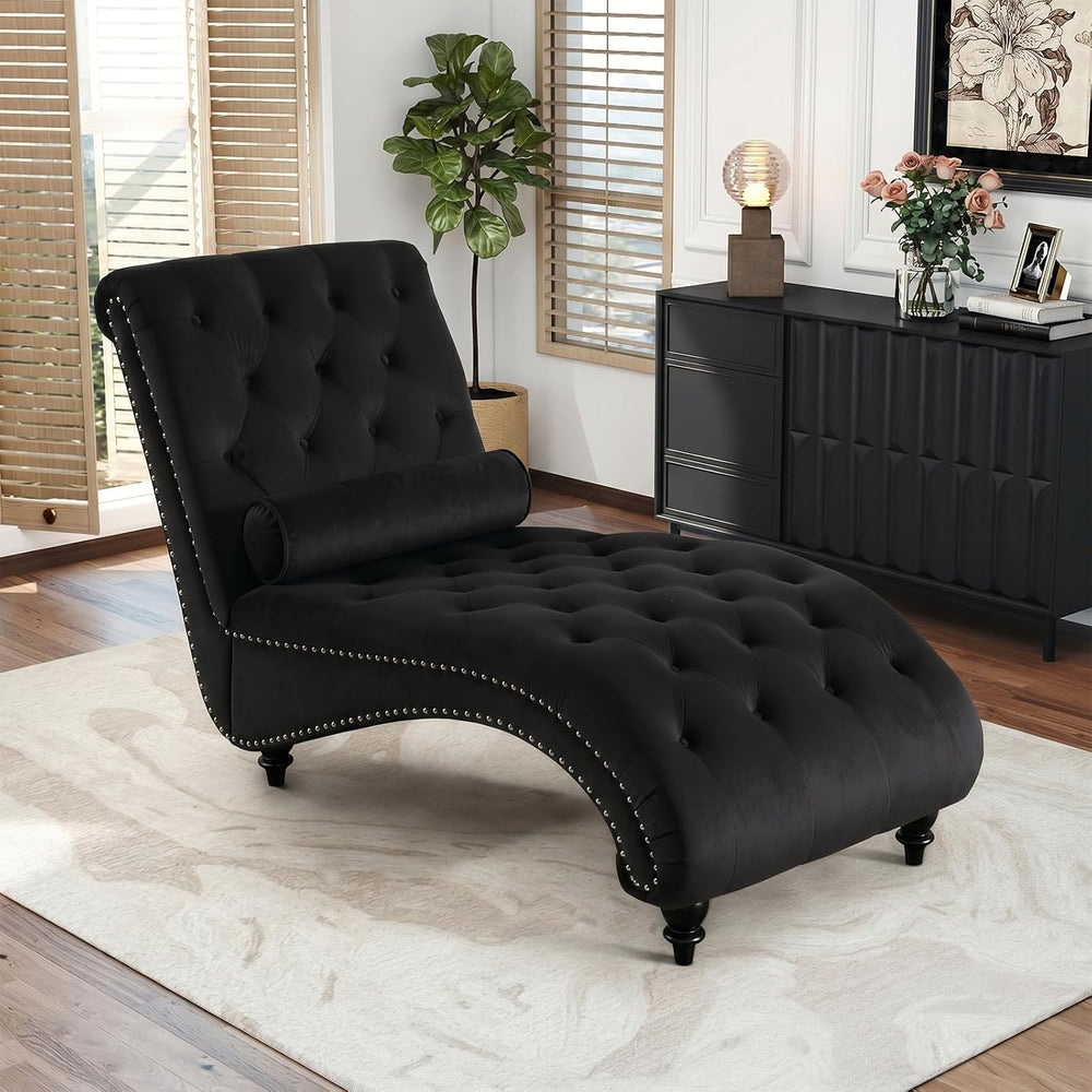 Black Velvet Chaise Lounge Indoor with Toss Pillow, Modern Pink Chaise Lounge...