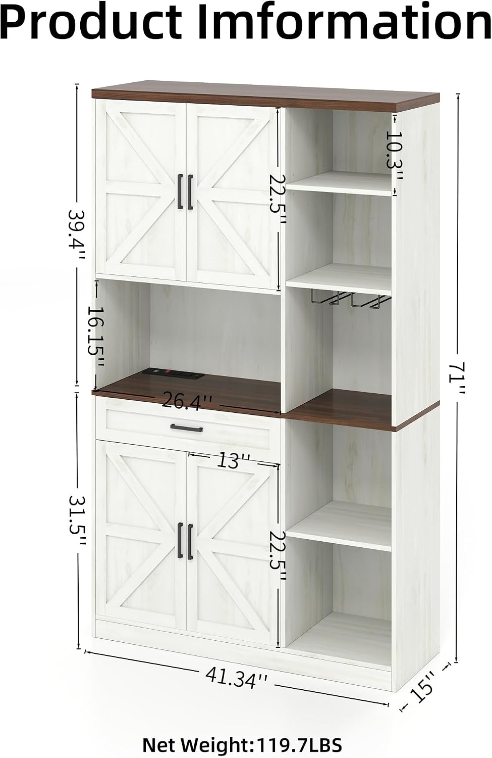 71" Kitchen Pantry Cabinet with Charging Station & LED Light,Freesta...