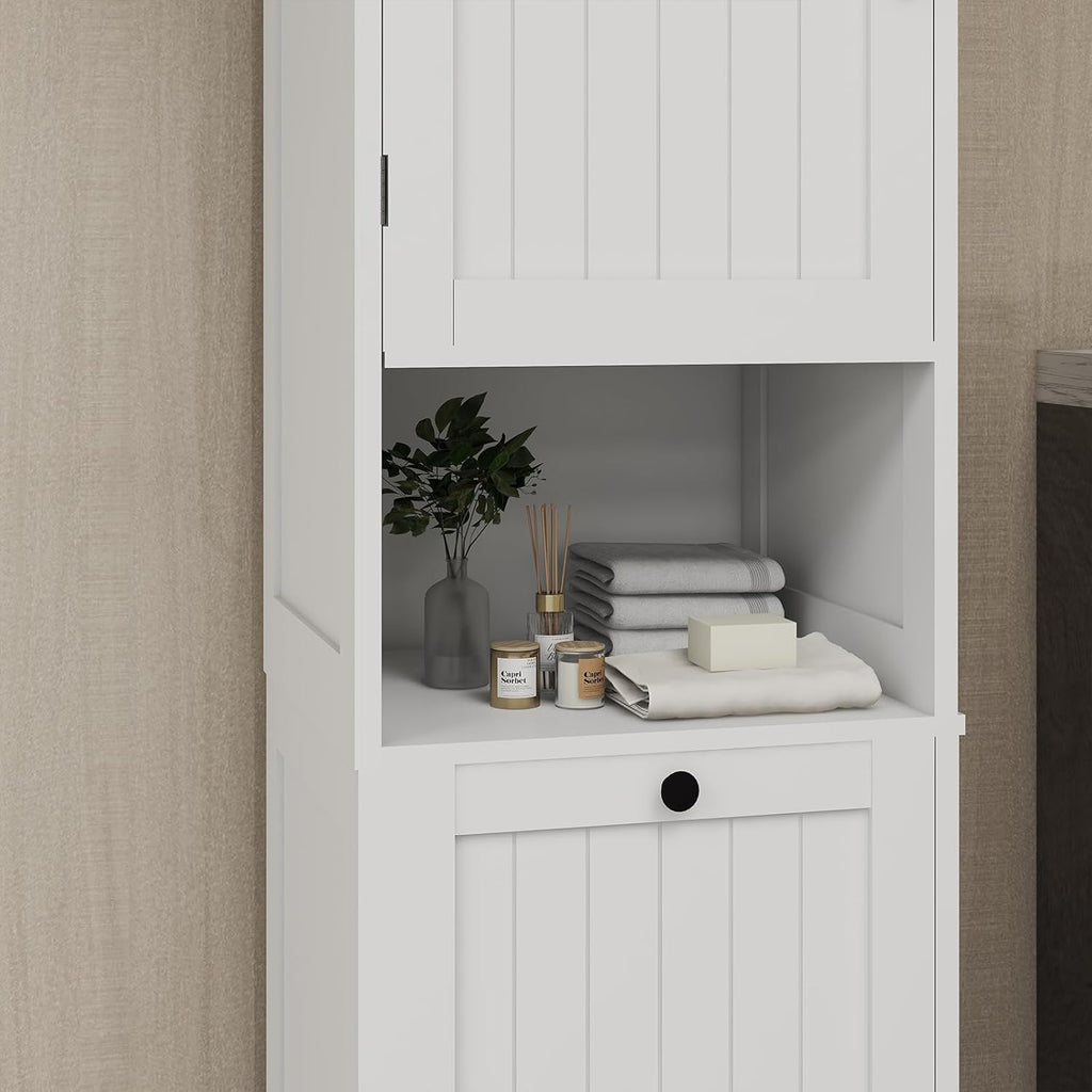Tilt Out Laundry Hamper Cabinet, 55" Tall Bathroom Storage Cabinet Laundry Cabinet with Shelves and Clothes Basket, Hamper Cabinet Shelf for Laundry Room Bathroom Organizer, White