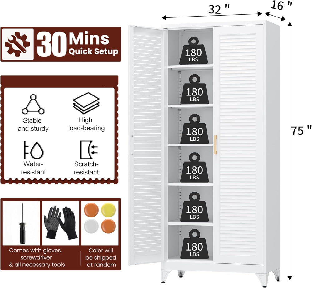 Kitchen Pantry Cabinet, 75" Tall White Metal Storage Cabinet with Doors ...