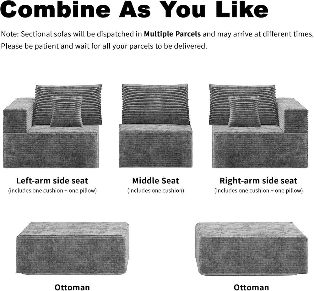 110" U Shaped Sectional Sofa with 2 Ottomans, Modular Corduroy Cloud Cou...
