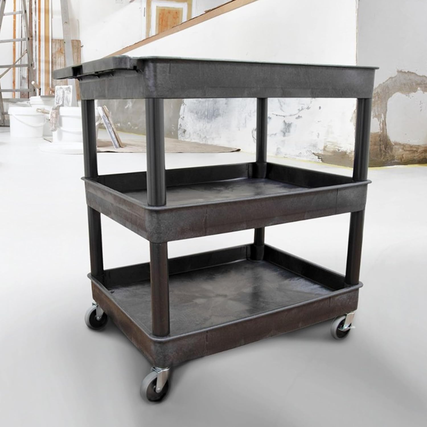 Stand Steady Tubstr Large 3 Shelf Utility Cart | Heavy Duty, Black HDPE & PVC, Holds Up to 300 lbs. | Storage & Rolling Tool Cart for School, Office, Garage & Warehouse