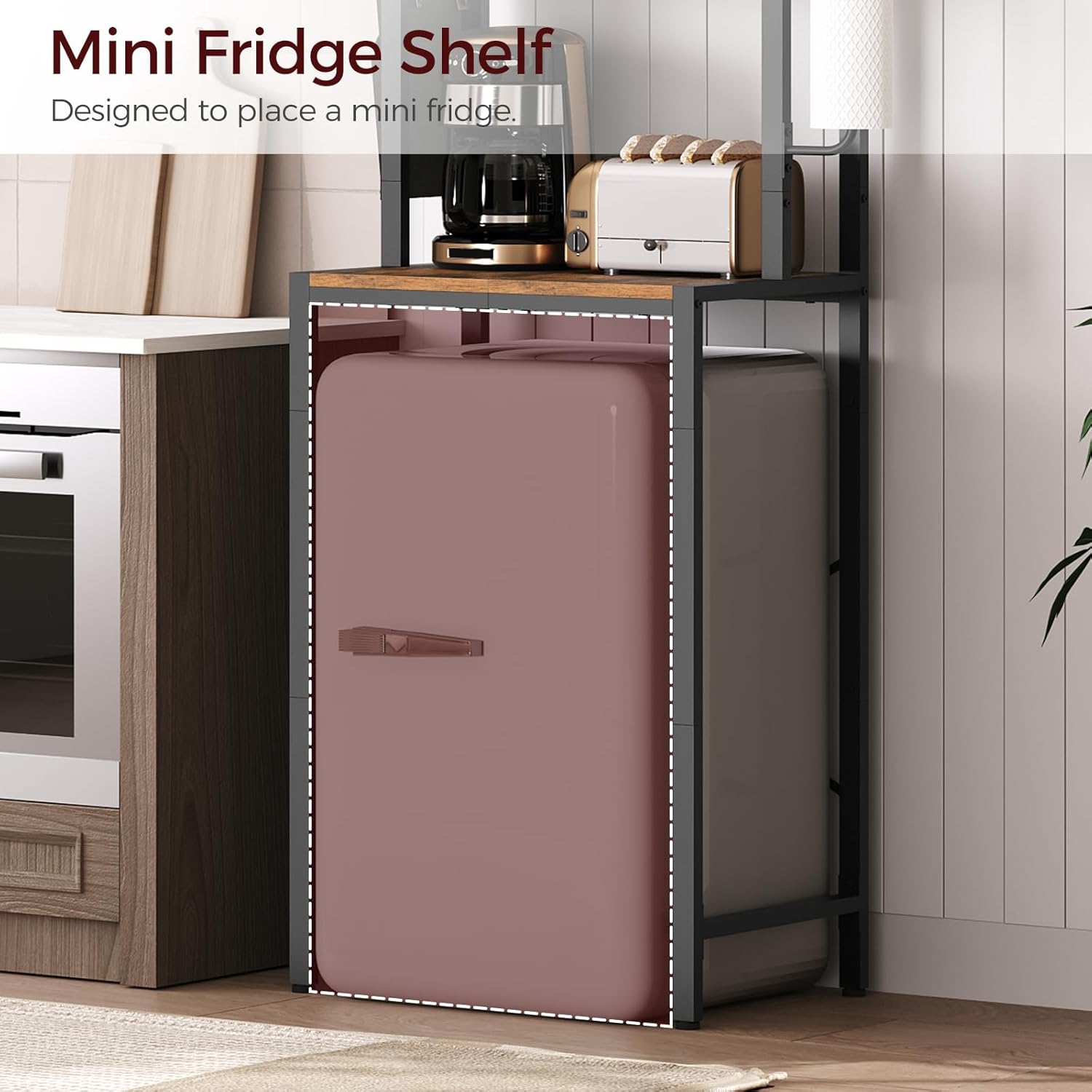 MAHANCRIS Bakers Rack with Mini Fridge Shelf, 3-Tier Microwave Stand, Coffee Bar Station with Paper Holder, Freestanding Kitchen Storage Rack, for Kitchen, Rustic Brown and Black BRHR5401