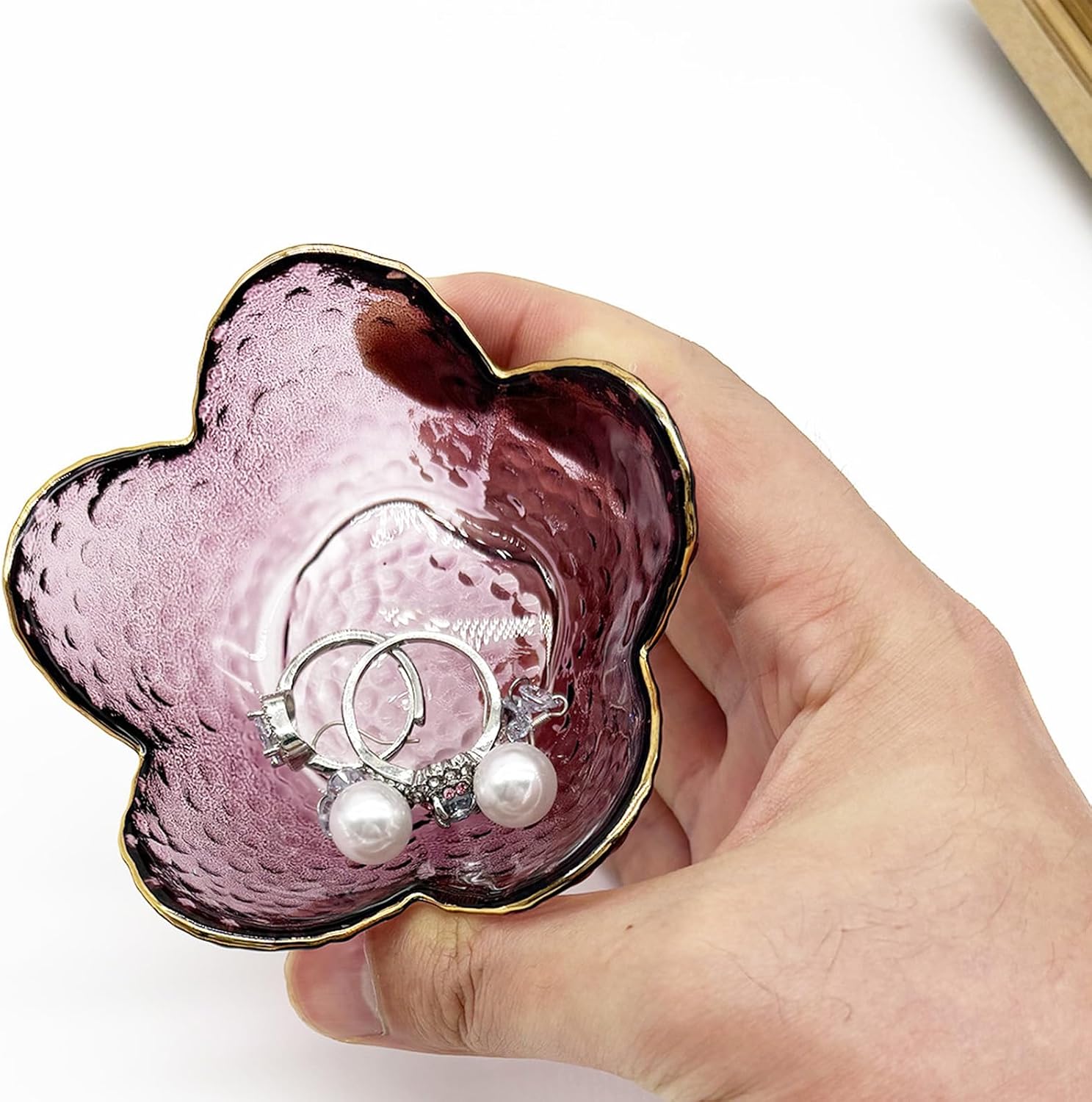 Purple Glass Jewelry Dish Tray, Birthday Gifts for Mom, Crystal Ring Holder for Women, Small Flower Ring Dish Jewlery Plate, Engagement Trinket Jewelry Tray, Nightstand Decor Jewerly Bowl