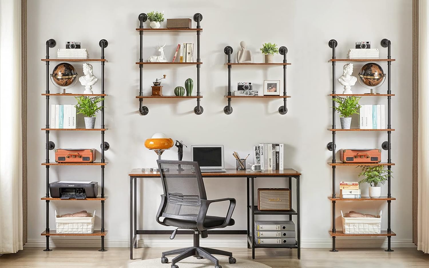 YMYNY Industrial Pipe Ladder Shelf, 6-Tier Wall Mounted Bookcase with Metal Frame, 78.7" Open Bookshelf, Multifunctional Storage Rack for Home Office, Living Room, Plant Stand, Rustic Brown, RF-TM018