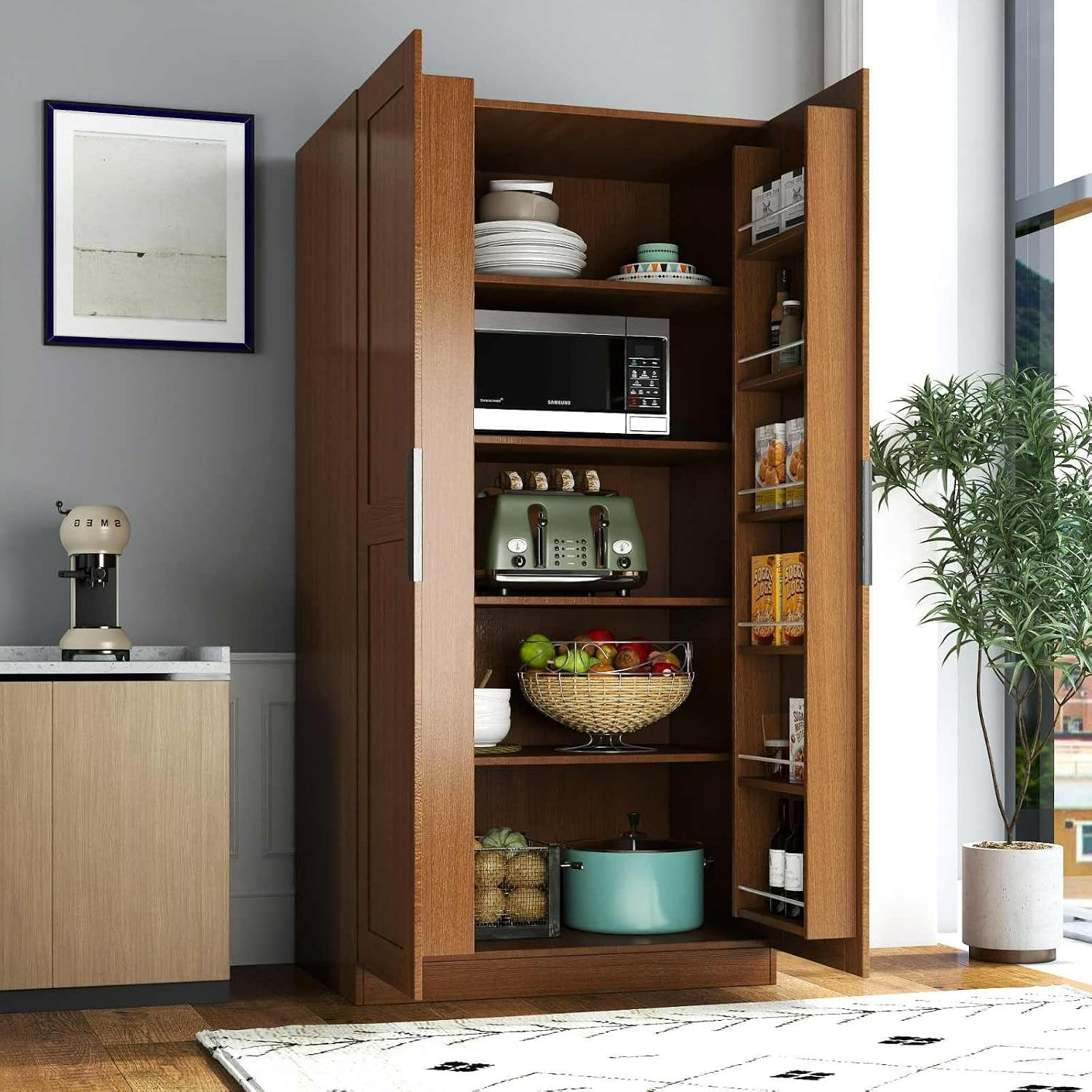 Kitchen Pantry Cabinet 62.99" Tall, Freestanding Storage Cupboard with Shelves for Kitchen, Dining Room, Living Room, Large Sideboard Buffet
