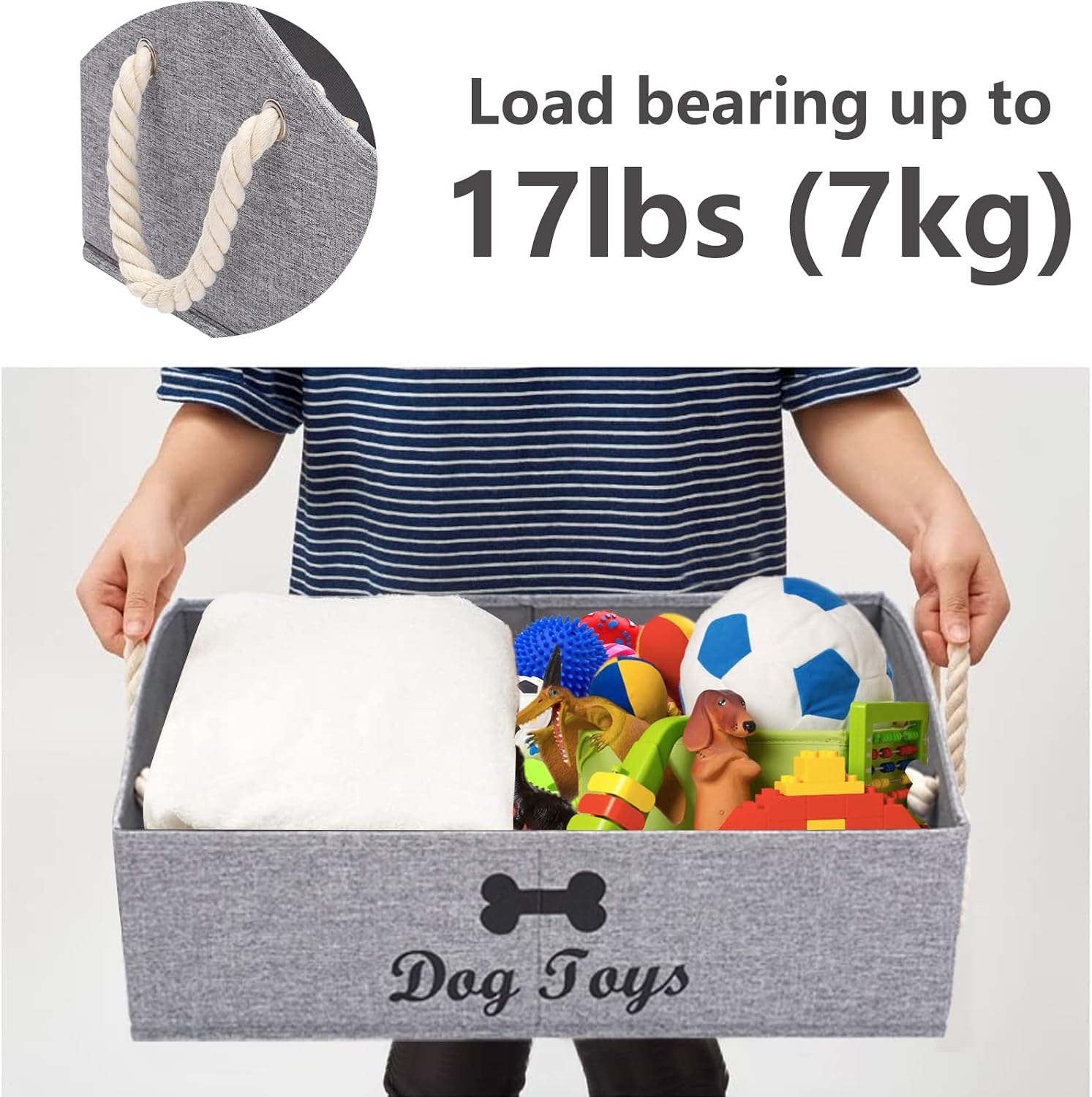 Geyecete Large Dog Toys Storage Bins-Foldable Fabric Trapezoid Organizer Boxes with weave Rope Handle,Collapsible Basket for Shelves(Snow Grey-DOG)