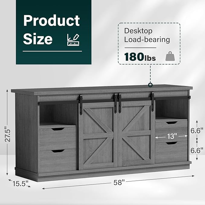 JUMMICO TV Stand with 4 Drawers for 65 Inch TV, Farmhouse Entertainment Center with Storage and Sliding Barn Doors, Rustic Media TV Console Cabinet with Shelves for Living Room Bedroom (Pale Gray)
