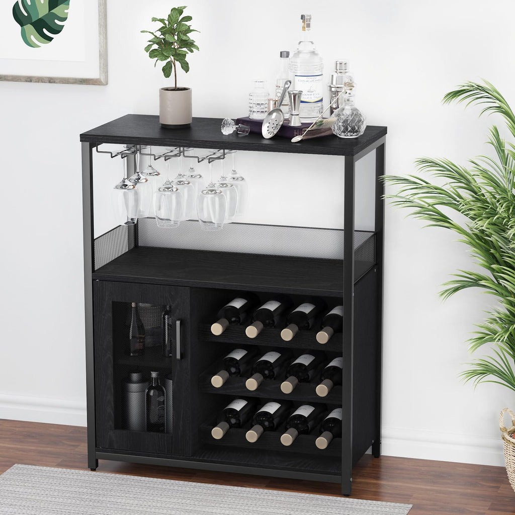 GAOMON Coffee Wine Bar Cabinet with Storage and Detachable Rack | Farmhouse Sideboard and Buffet Cabinet with Glass Holder and Mesh Door, Liquor Coffee Bar Cupboard, Black