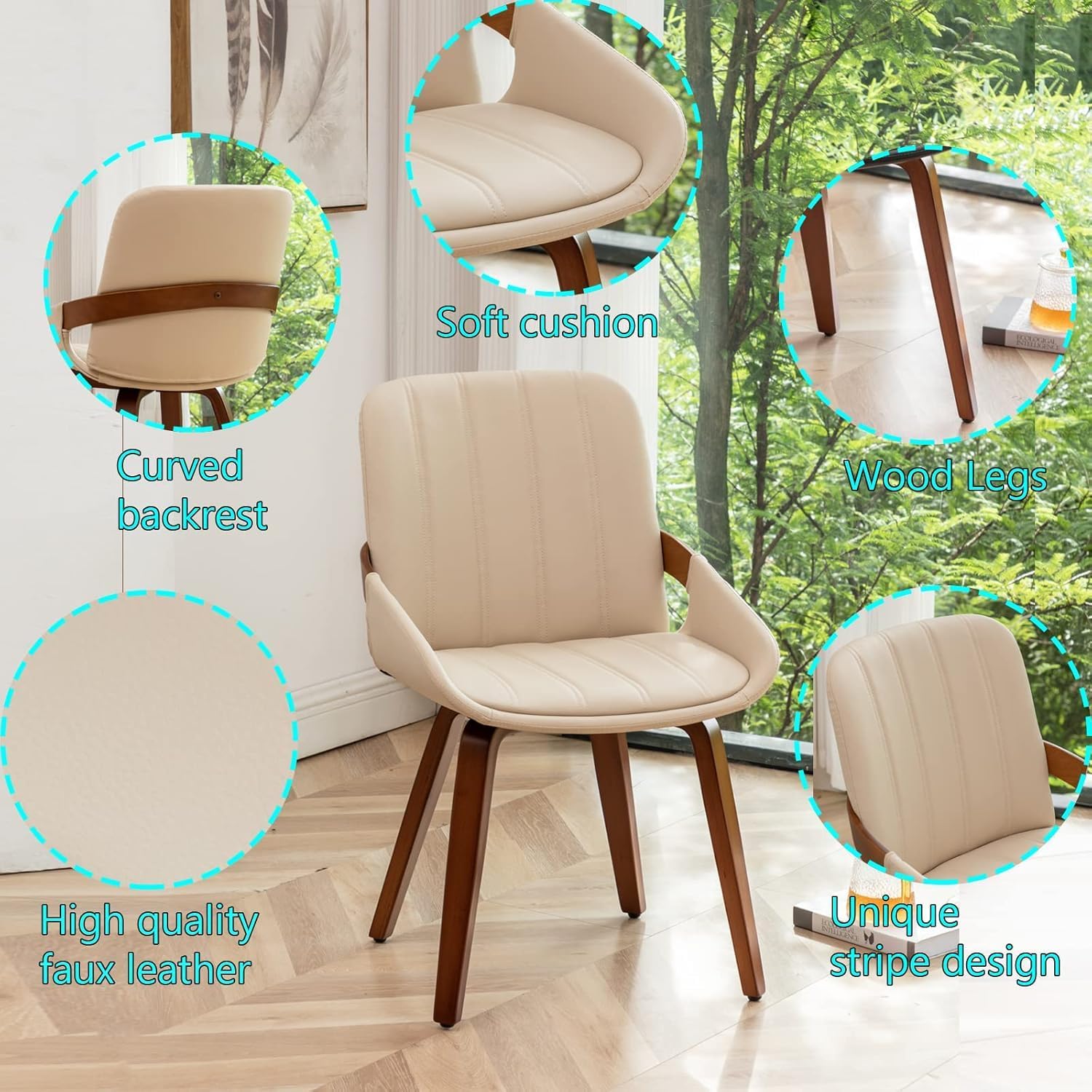 Mid Century Modern Faux Leather Upholstered Dining Chairs,Armless Accent Chairs with Sturdy Natural Wood Legs,Bamboo Backrest Support for Kitchen&Dining Room Chairs(1PCS,Beige)