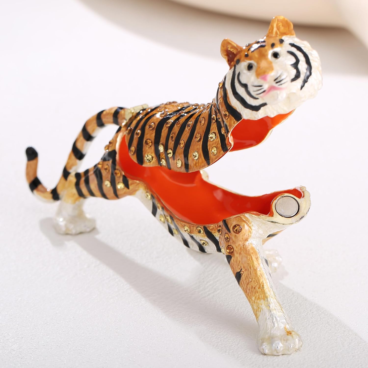 Hand Painted Animal Trinket Box for Home Decor, Hinged Jewelry Organizer Storage, Unique Personalized Collectible Keepsake Figurine Handmade Decorative Ornament Gifts (Tiger)
