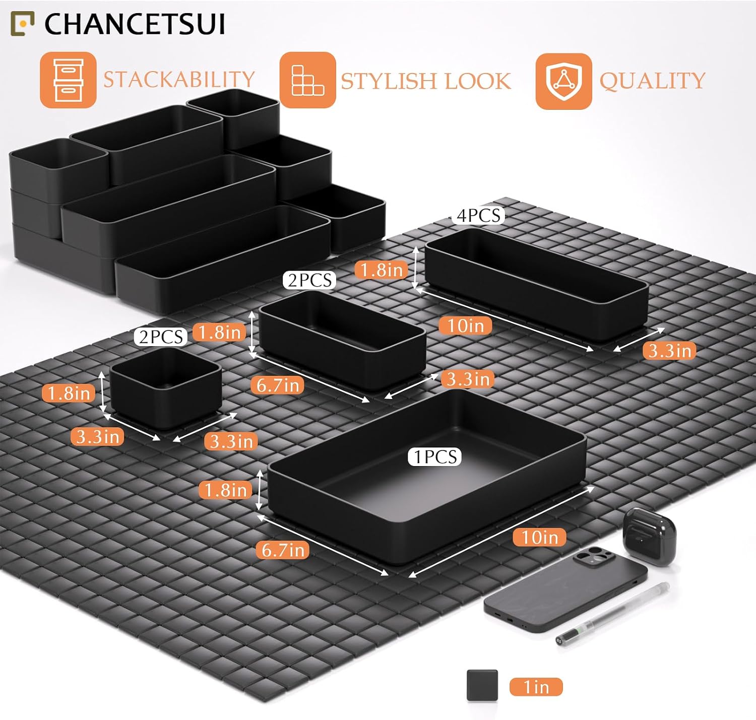 Black Bathroom Drawer Organizer Trays: 9 PC Stackable Desk Organizers Bin | vanity office kitchen modern shallow containers modular storage