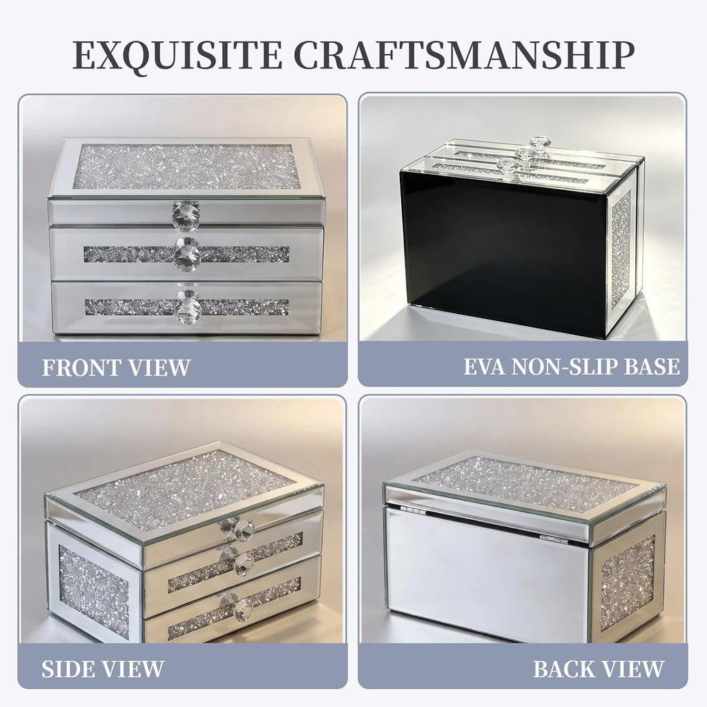 Mirrored Jewelry Box for Women,2-Layer Glass Jewelry Organizer with Lid & 1 Drawer, Silver Crushed Diamond Home Decor, Gift Idea for Her (9.3" L x 6.3" W x 5.1" H)