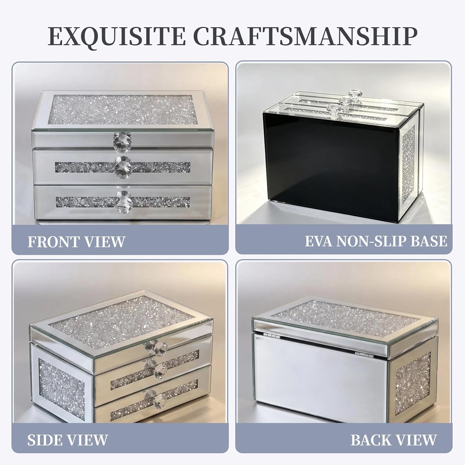 Mirrored Jewelry Box for Women,2-Layer Glass Jewelry Organizer with Lid & 1 Drawer, Silver Crushed Diamond Home Decor, Gift Idea for Her (9.3" L x 6.3" W x 5.1" H)