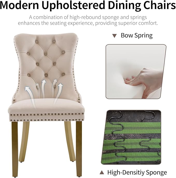 Beige Velvet Dining Chairs Set of 2, Upholstered Dining Room Chairs with Lion Head Pulls Ring and Golden Solid Wood Legs, Modern Button Tufted Kitchen Chairs for Dining Room, Kitchen(Beige)