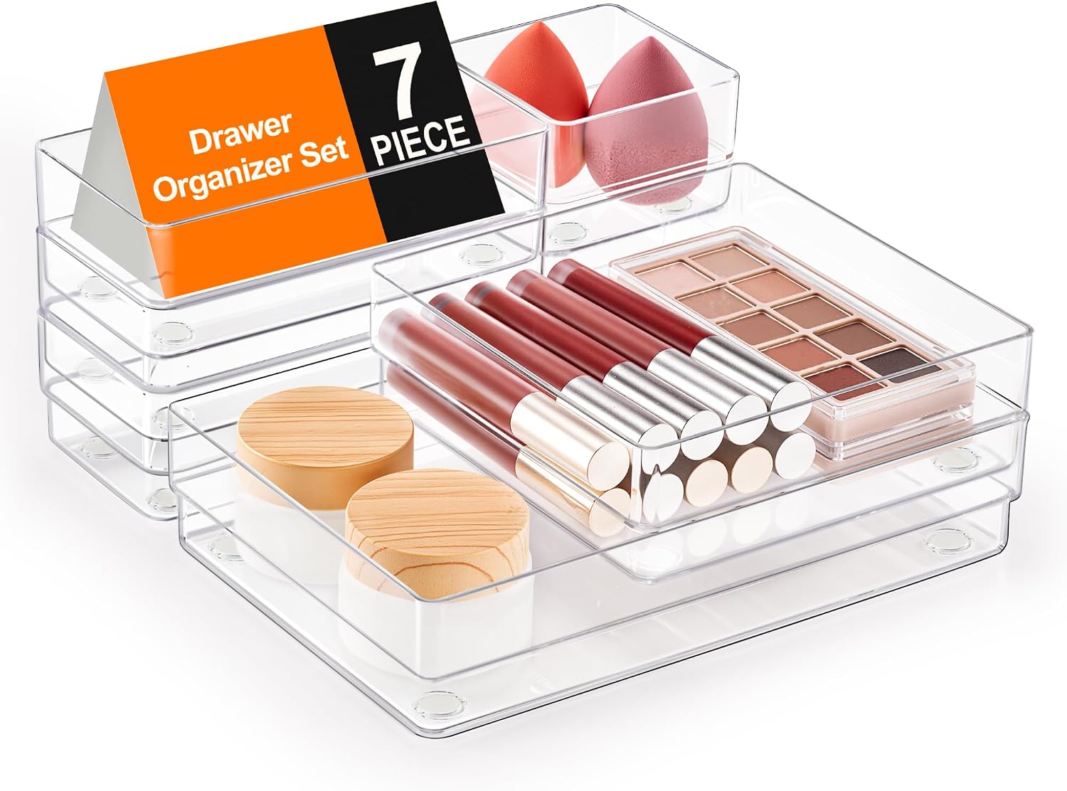 SMARTAKE 7 PCS Drawer Organizer, 4-Size Desk Drawer Organizer Trays | Storage Tray with Non-Slip Silicone Pads for Makeup, Jewelries, Utensils in Bedroom Dresser, Office and Kitchen (Clear)