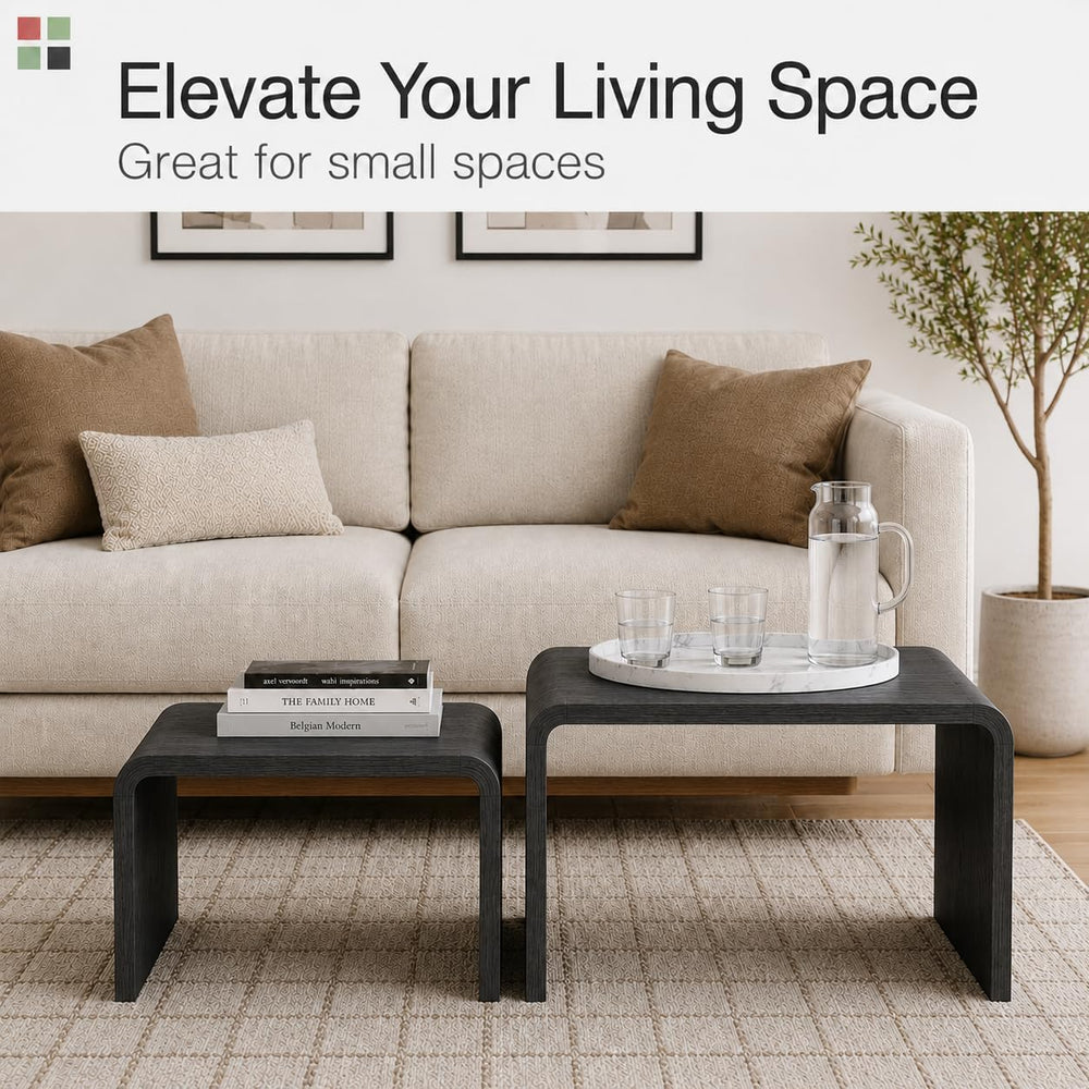 Stead Curved Nesting Coffee Table Set of 2, Modern Wood Nesting Tables for Li...