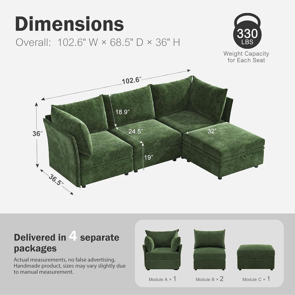 102.6" L Shaped Modular Sectional Sofa with Washable Chenille Cover, 4 Seater Deep Seat Couch with Storage Ottoman & Reversible Chaise for Living Room, Pet-Friendly, Green
