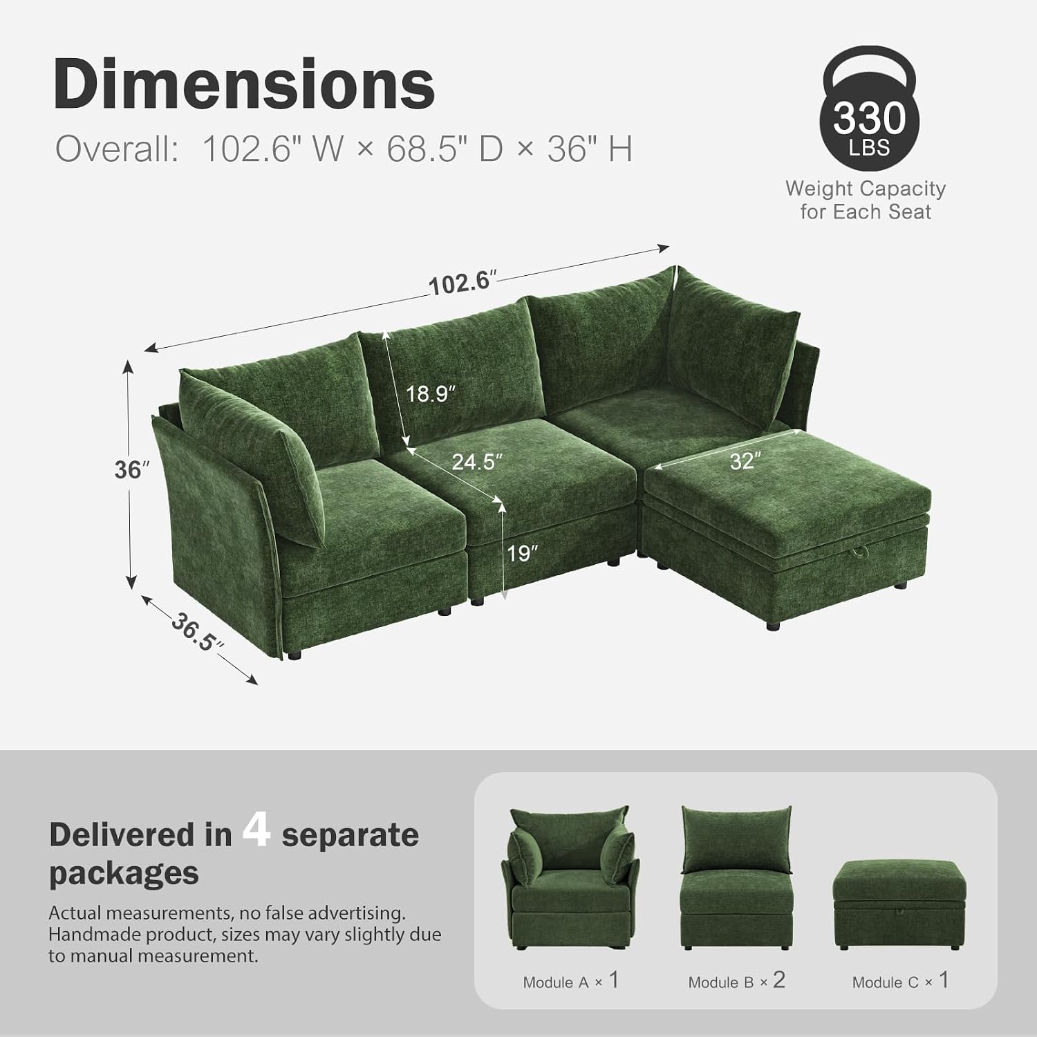 102.6" L Shaped Modular Sectional Sofa with Washable Chenille Cover, 4 Seater Deep Seat Couch with Storage Ottoman & Reversible Chaise for Living Room, Pet-Friendly, Green