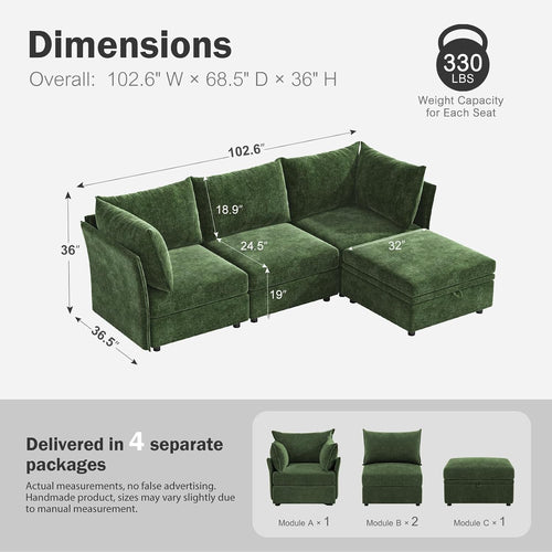 102.6" L Shaped Modular Sectional Sofa with Washable Chenille Cover, 4 Seater Deep Seat Couch with Storage Ottoman & Reversible Chaise for Living Room, Pet-Friendly, Green