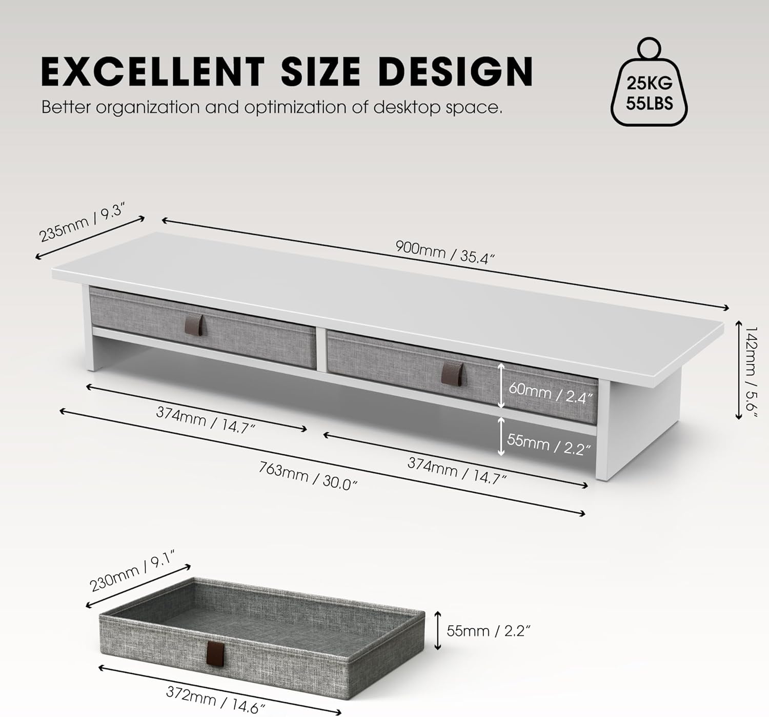 Fenge Monitor Stand with Drawer, 2 Tiers Dual Monitor Riser for Desk, 35 Inch Computer Stand for 2 Monitors, Desk Shelf for Home, Office, Laptop, PC, TV, Printer