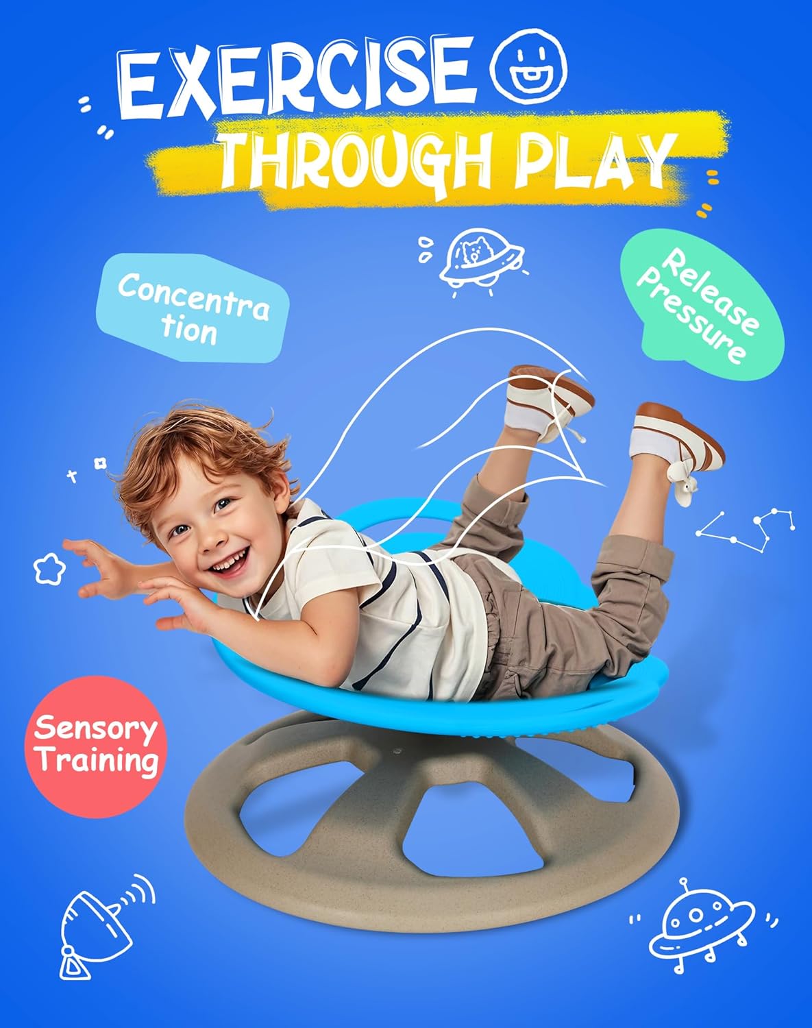 FERUERW Spinning Chair for Autistic Kids with Handle, Autism Sensory Products, Sensory Toy Gifts for Children with ADHD/Autism, 220LBS Weight Capacity, Training Body Coordination, 3+ Years (Blue)