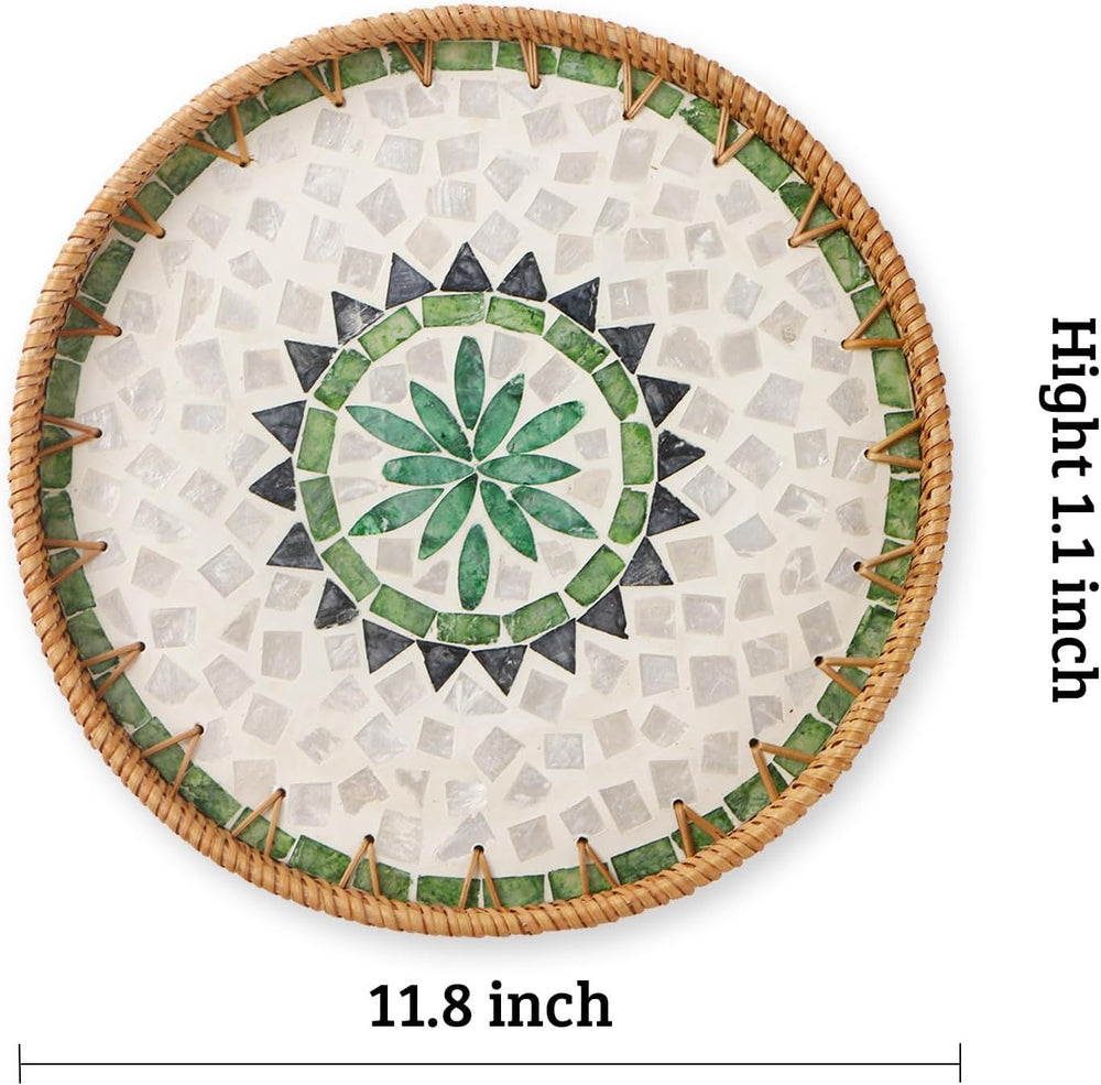 Round Rattan Tray with Mother of Pearl Inlay, Wooden Base