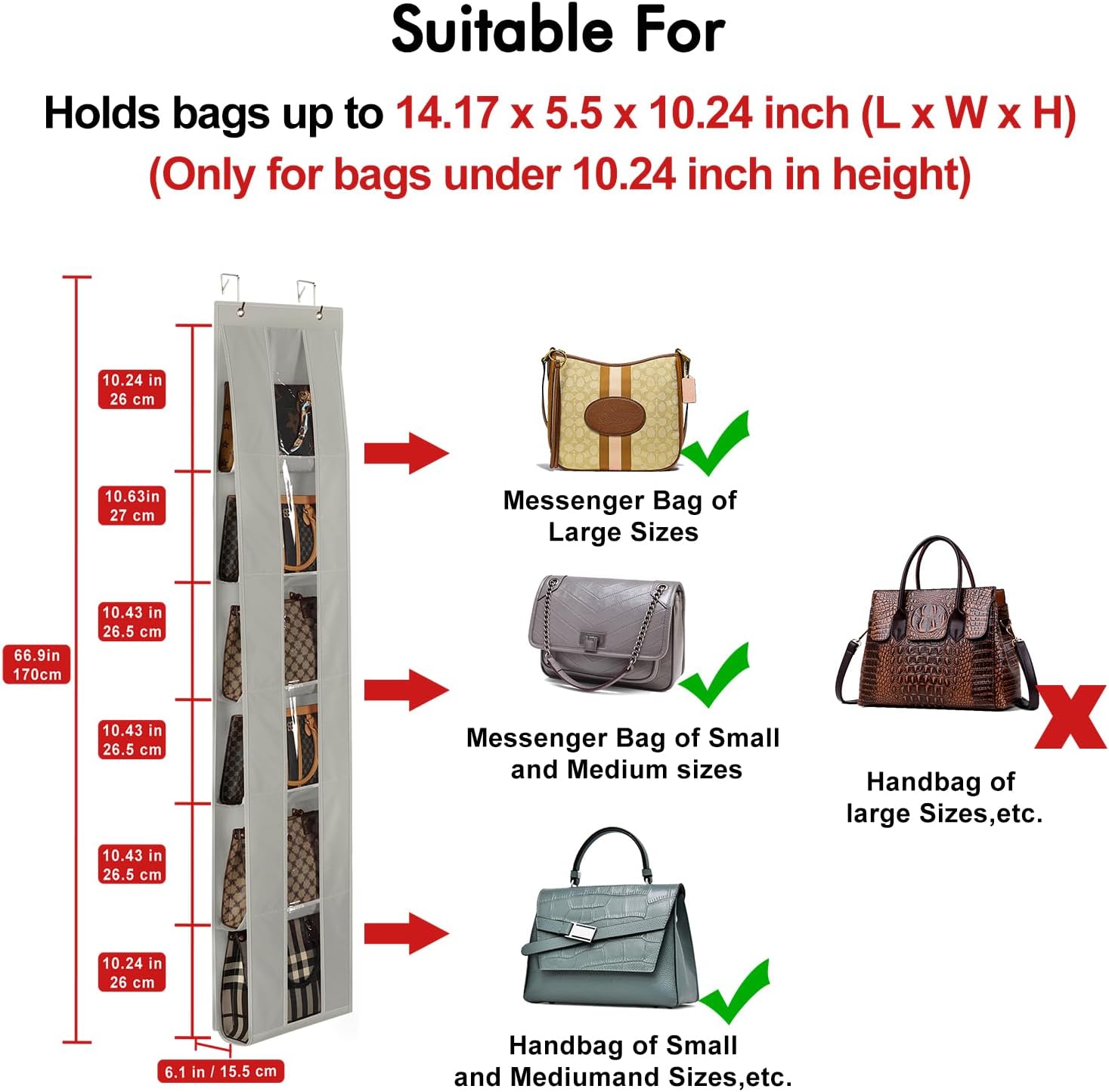 Lirex Over The Door Organizer, 2 Pack Handbag Storage with 6-Tier Space-Saving for Door or Closet, Handbag Hanger, Grey